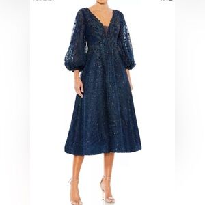 New Mac Duggal Beaded Embroidery Bishop Sleeve A-Line Dress Midnight Blue Sz 6
